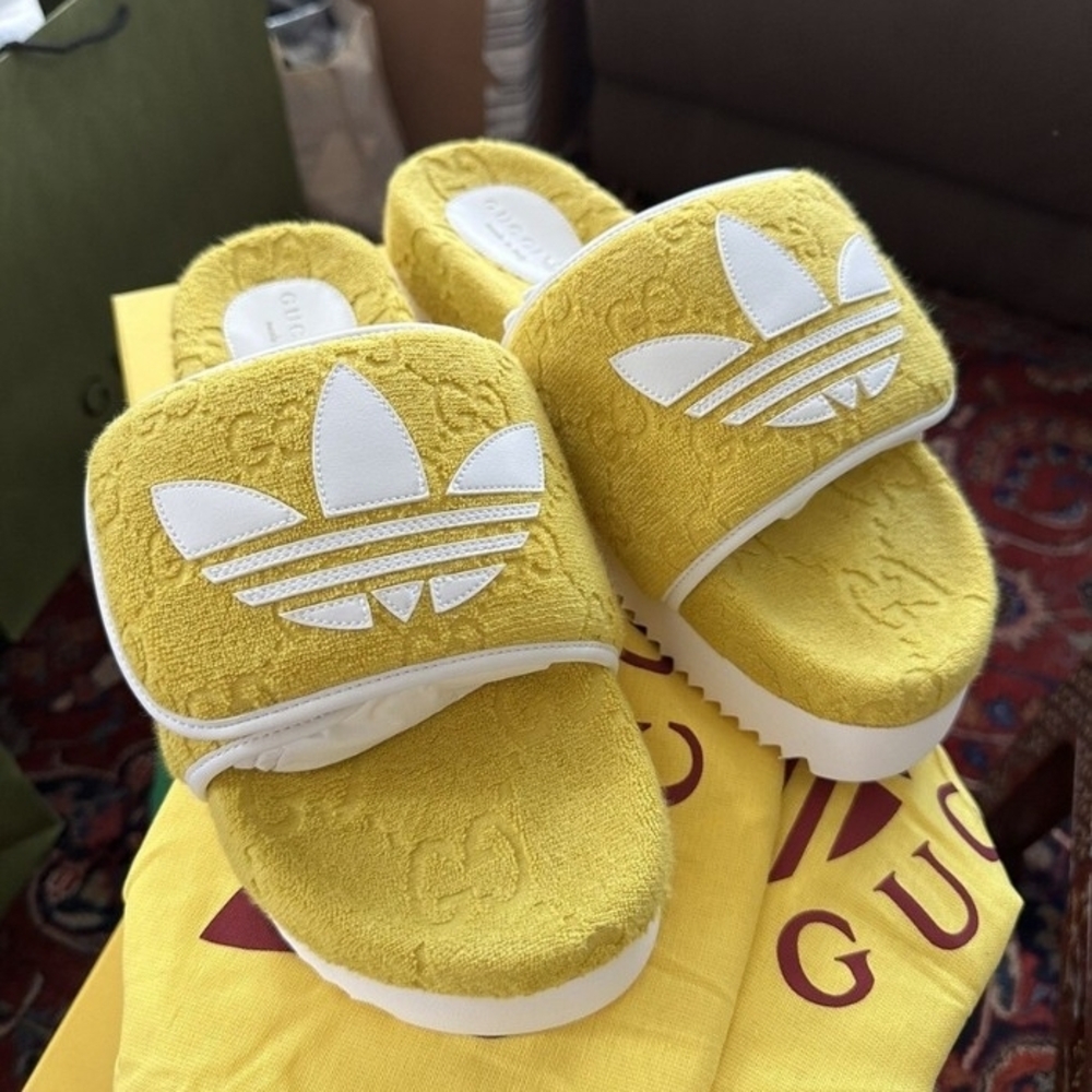 Gucci Mustard Slides with White Emblem
